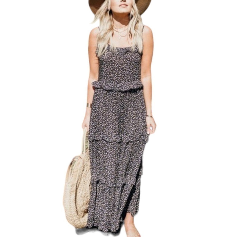 Calista Vineyard Floral Ruffle Tiered Spaghetti Strap Flowy Boho Maxi Dress